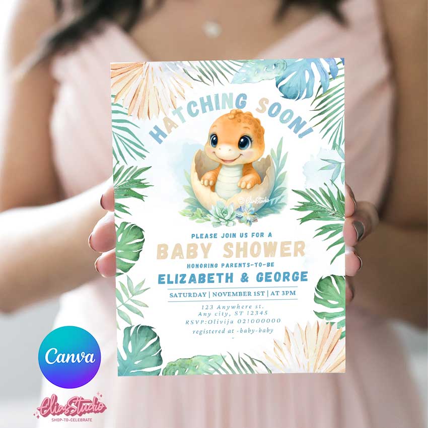 Dinosaur Baby Shower Gender Neutral  invitation Hatching Soon