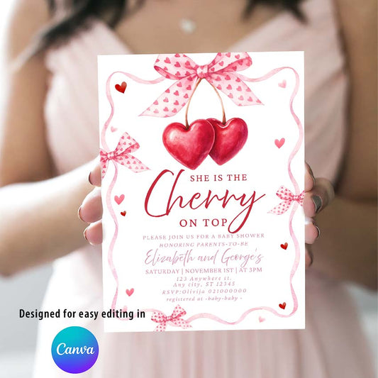 Cherry baby shower invitation set editable in Canva, featuring red hearts and pink bows