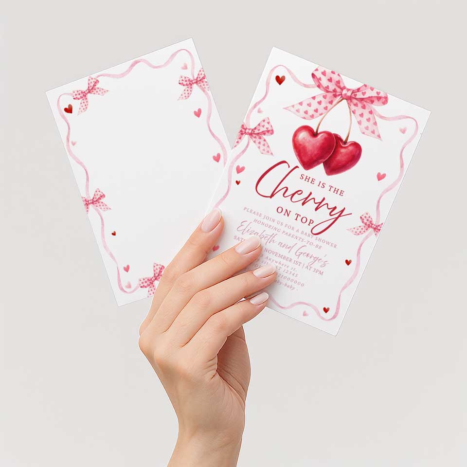Cherry baby shower invitation set editable in Canva, featuring red hearts and pink bows
