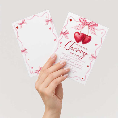 Cherry baby shower invitation set editable in Canva, featuring red hearts and pink bows