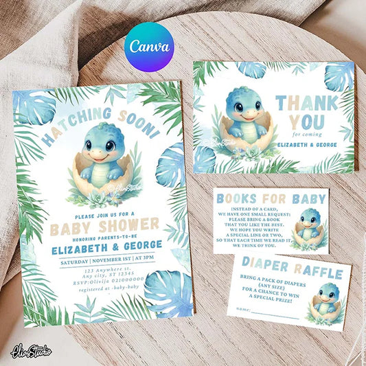 Dinosaur Baby Shower invitation, thank you card, Diaper raffle and Books for Baby cards
