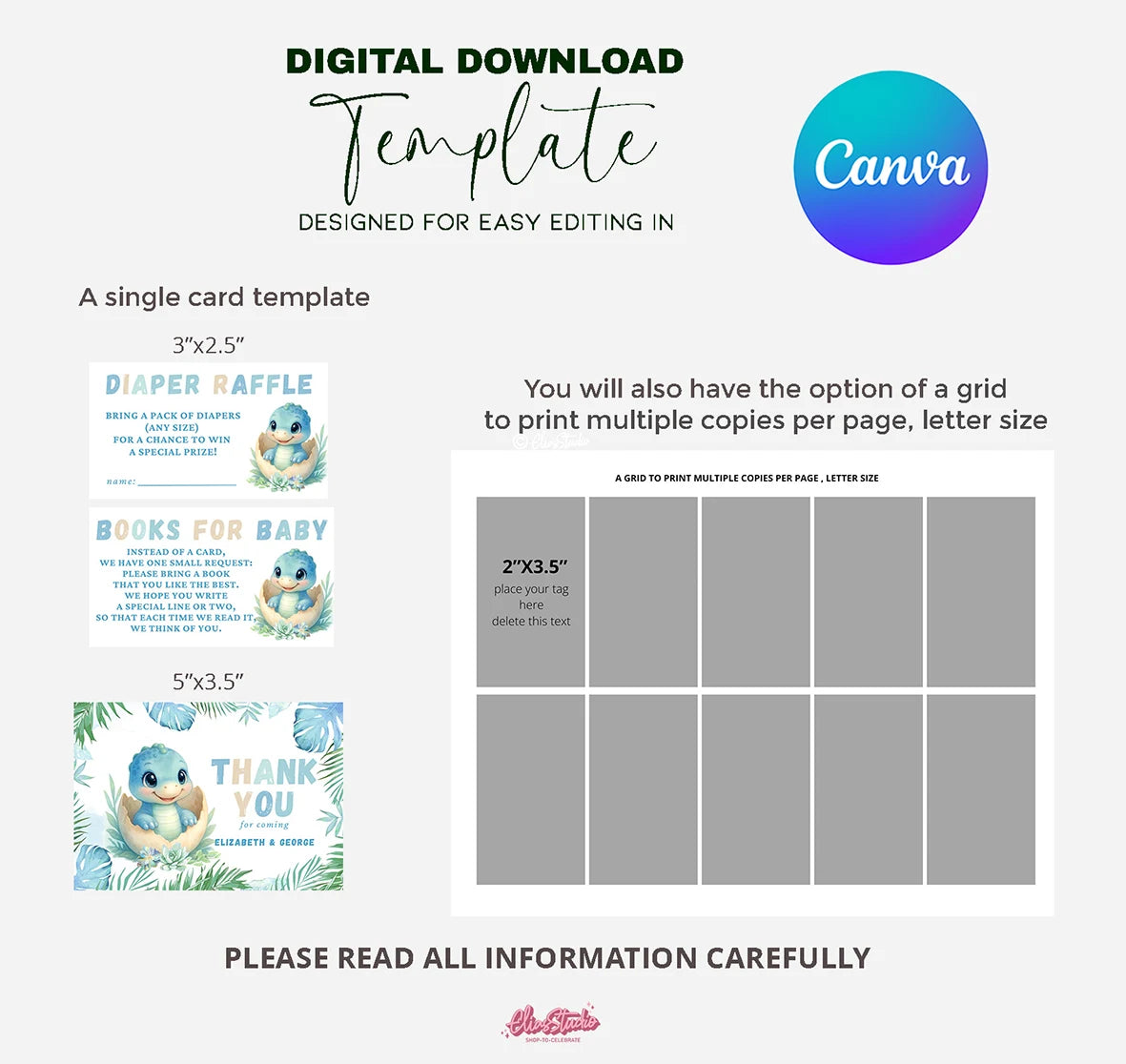 Dinosaur Baby Shower invitation, thank you card, Diaper raffle and Books for Baby cards