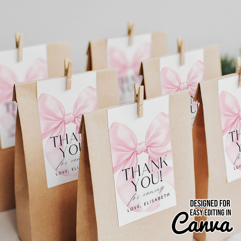 Pink Bow Birthday THANK YOU tag Canva Template AB2