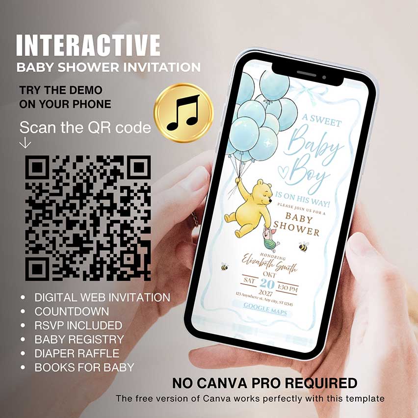 Interactive Winnie the Pooh baby shower invitation template for baby boy with RSVP, registry, countdown and music, editable in Canva