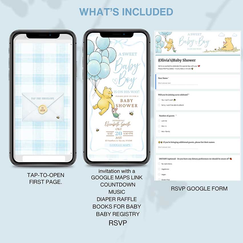 Interactive Winnie the Pooh baby shower invitation template for baby boy with RSVP, registry, countdown and music, editable in Canva