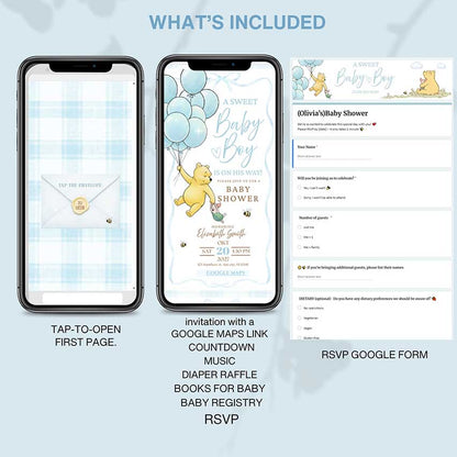 Interactive Winnie the Pooh baby shower invitation template for baby boy with RSVP, registry, countdown and music, editable in Canva