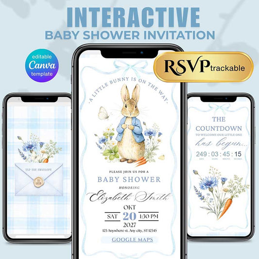 Interactive Peter Rabbit baby shower invitation template with RSVP, countdown, baby registry, diaper raffle and books for baby, editable in Canv