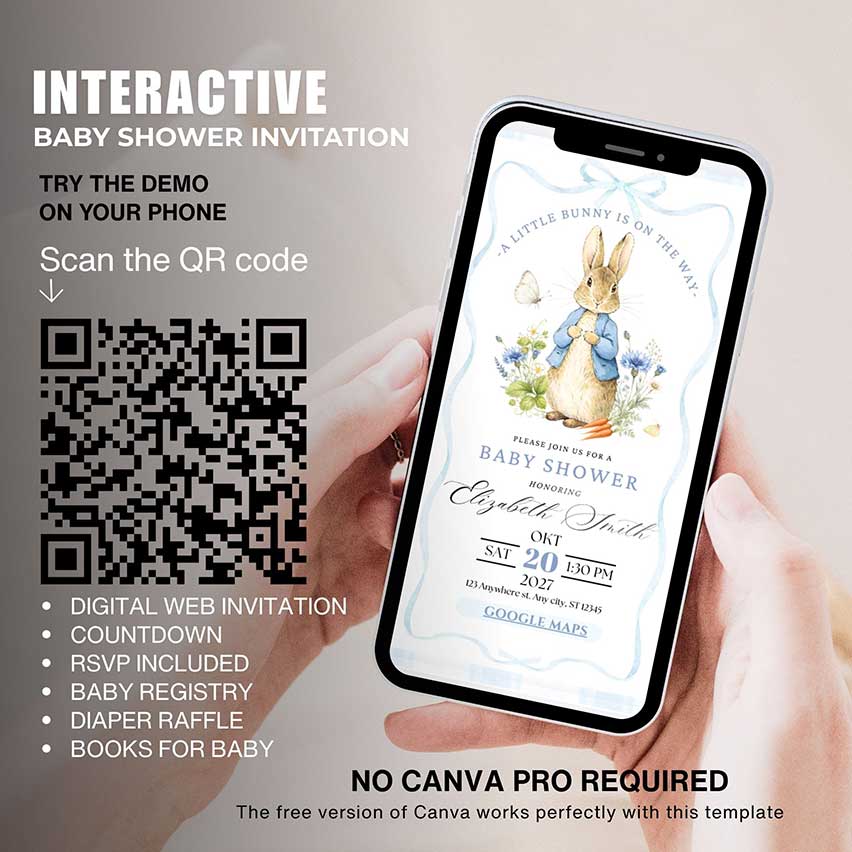 Interactive Peter Rabbit baby shower invitation template with RSVP, countdown, baby registry, diaper raffle and books for baby, editable in Canv