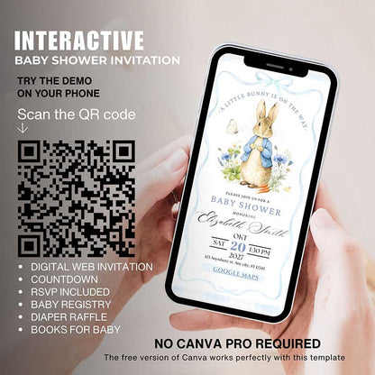 Interactive Peter Rabbit baby shower invitation template with RSVP, countdown, baby registry, diaper raffle and books for baby, editable in Canv