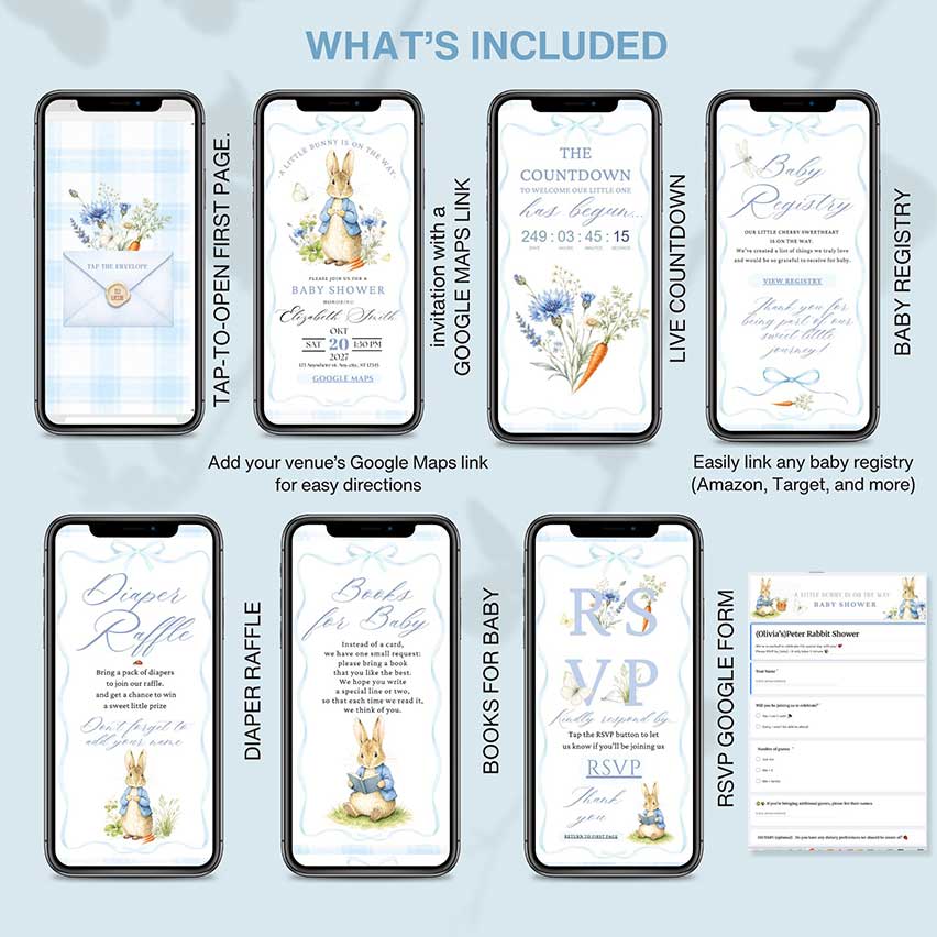 Interactive Peter Rabbit baby shower invitation template with RSVP, countdown, baby registry, diaper raffle and books for baby, editable in Canv