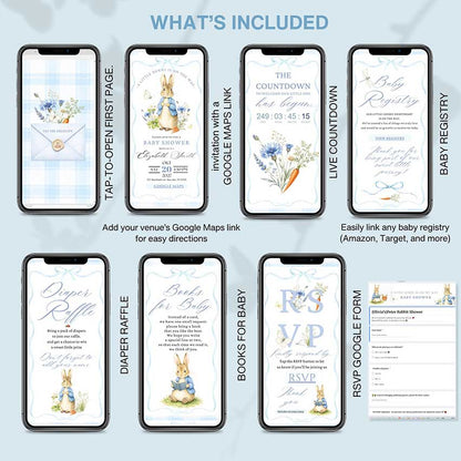 Interactive Peter Rabbit baby shower invitation template with RSVP, countdown, baby registry, diaper raffle and books for baby, editable in Canv