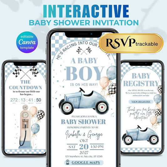 Interactive race car baby shower invitation template for baby boy with RSVP, countdown, baby registry, diaper raffle and books for baby, editable in Canv