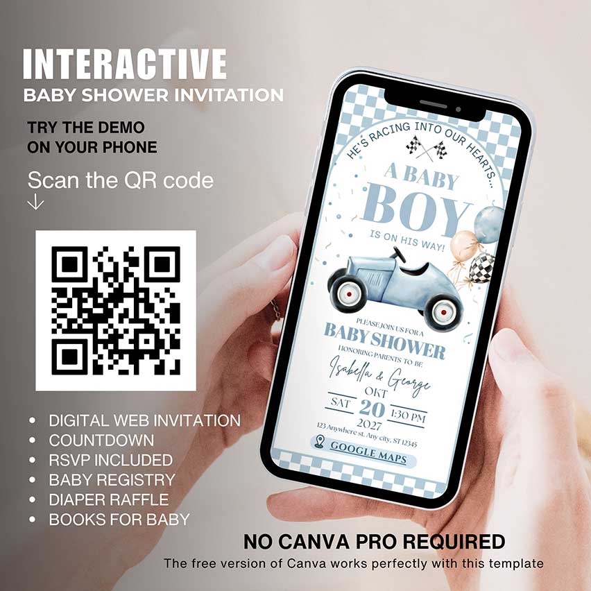 Interactive race car baby shower invitation template for baby boy with RSVP, countdown, baby registry, diaper raffle and books for baby, editable in Canv