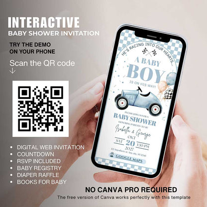 Interactive race car baby shower invitation template for baby boy with RSVP, countdown, baby registry, diaper raffle and books for baby, editable in Canv