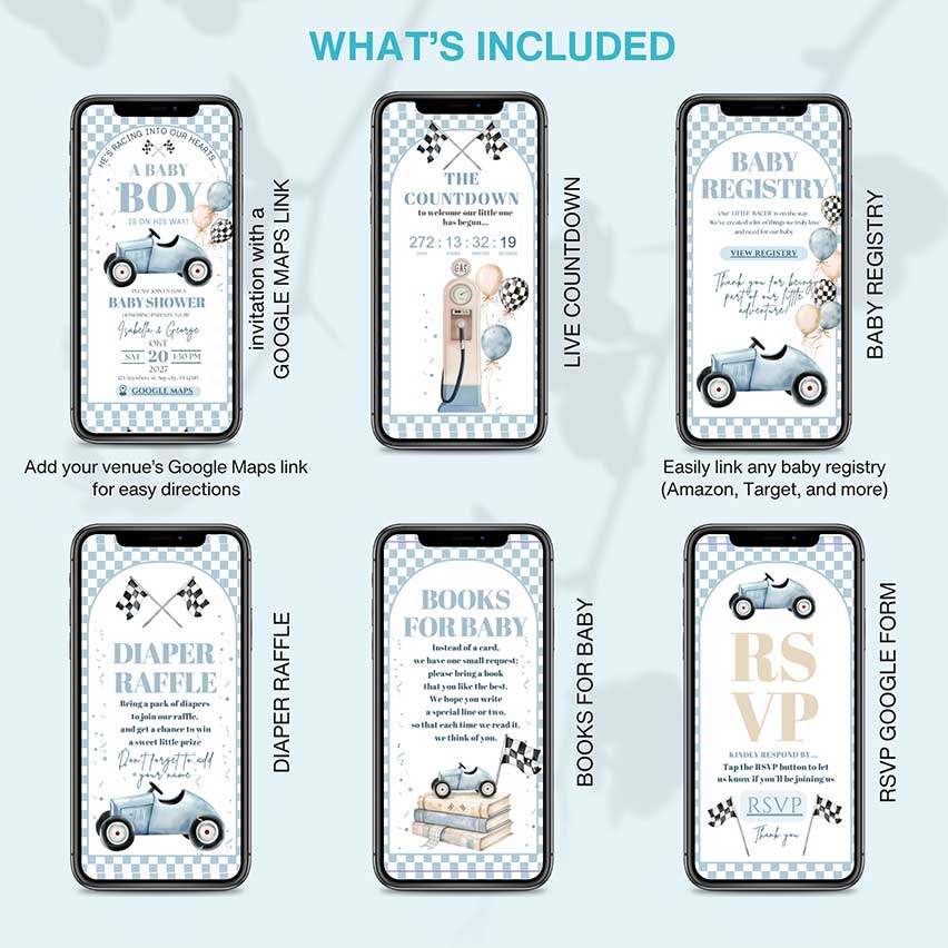 Interactive race car baby shower invitation template for baby boy with RSVP, countdown, baby registry, diaper raffle and books for baby, editable in Canv
