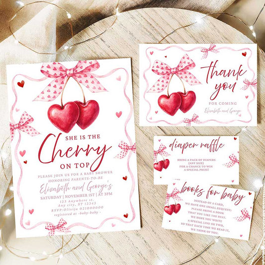 Cherry baby shower invitation set editable in Canva, featuring red hearts and pink bows