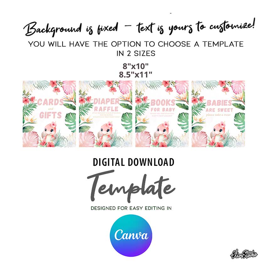 Girl Dinosaur Baby Shower PARTY SIGNS – CANVA TEMPLATE | INSTANT DIGITAL DOWNLOAD