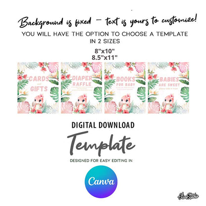 Girl Dinosaur Baby Shower PARTY SIGNS – CANVA TEMPLATE | INSTANT DIGITAL DOWNLOAD