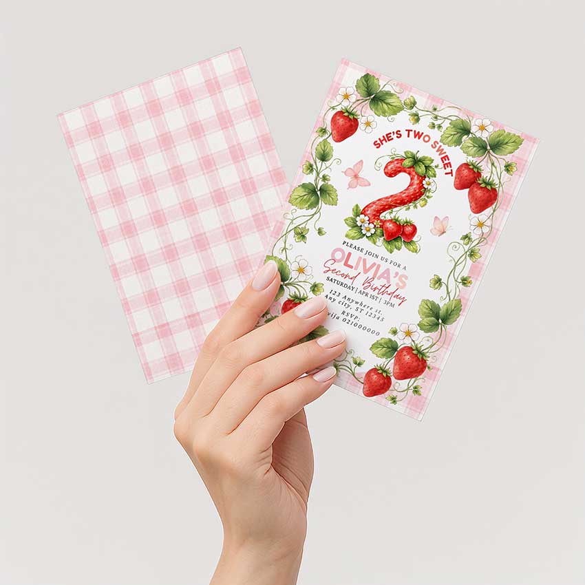 Strawberry 2nd birthday invitation, berry second birthday party invite for girl