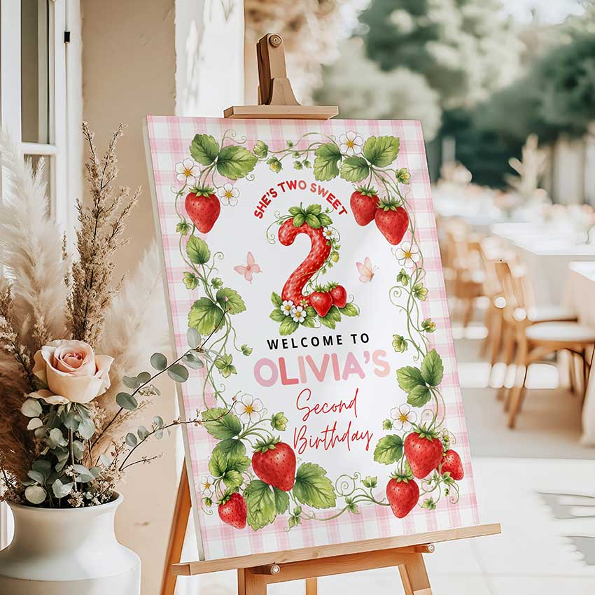 Strawberry 2nd birthday welcome sign, berry second birthday party decoration for girl