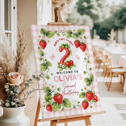 Strawberry 2nd birthday welcome sign, berry second birthday party decoration for girl