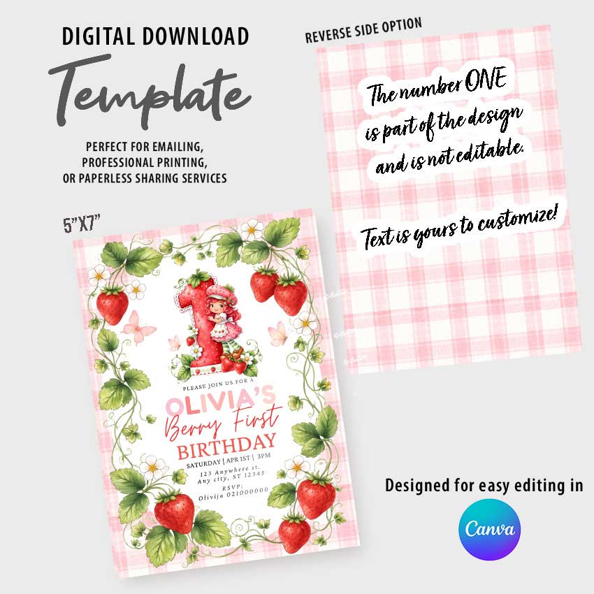 Strawberry birthday invitation template Canva editable 5x7, digital download berry first party invite details