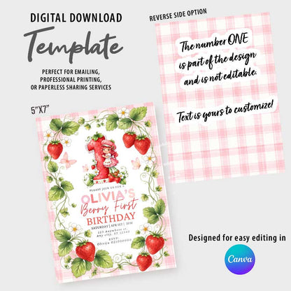 Strawberry birthday invitation template Canva editable 5x7, digital download berry first party invite details