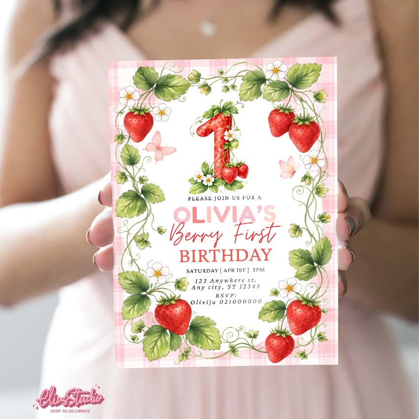 Strawberry First Birthday Invitation Template Canva, Berry First Birthday Girl Invite Editable
