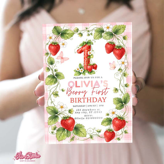 Strawberry First Birthday Invitation Template Canva, Berry First Birthday Girl Invite Editable
