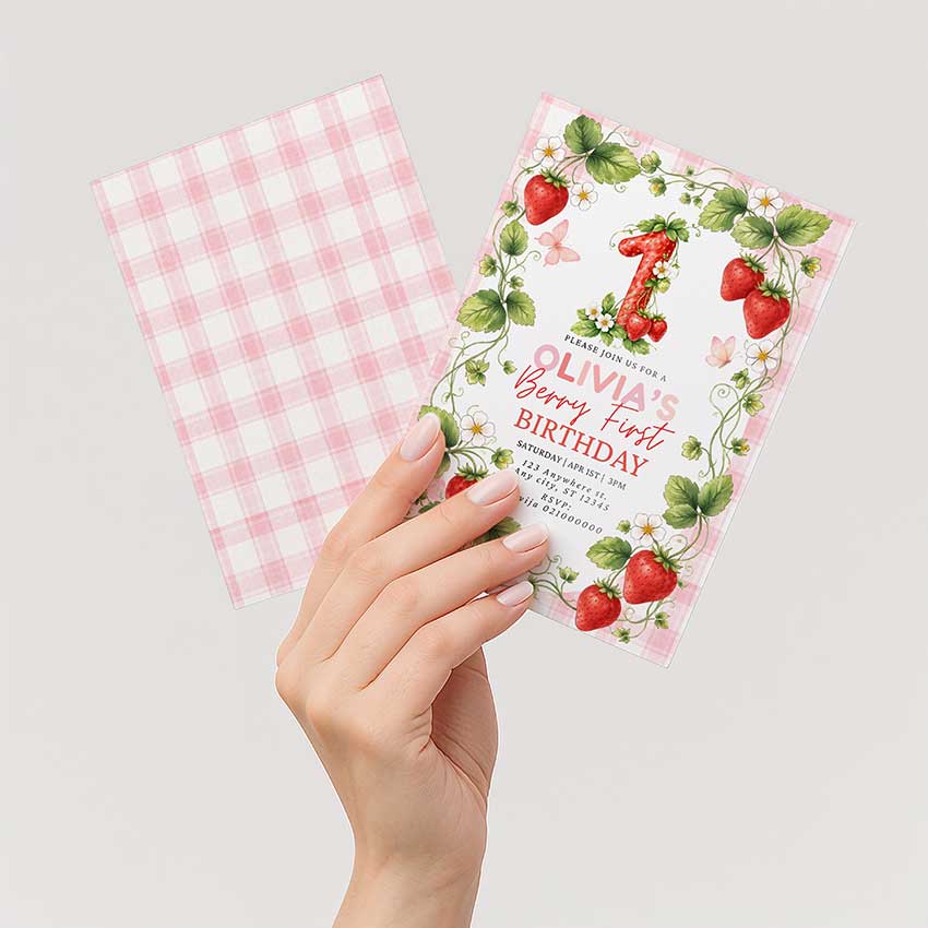 Strawberry First Birthday Invitation Template Canva, Berry First Birthday Girl Invite Editable