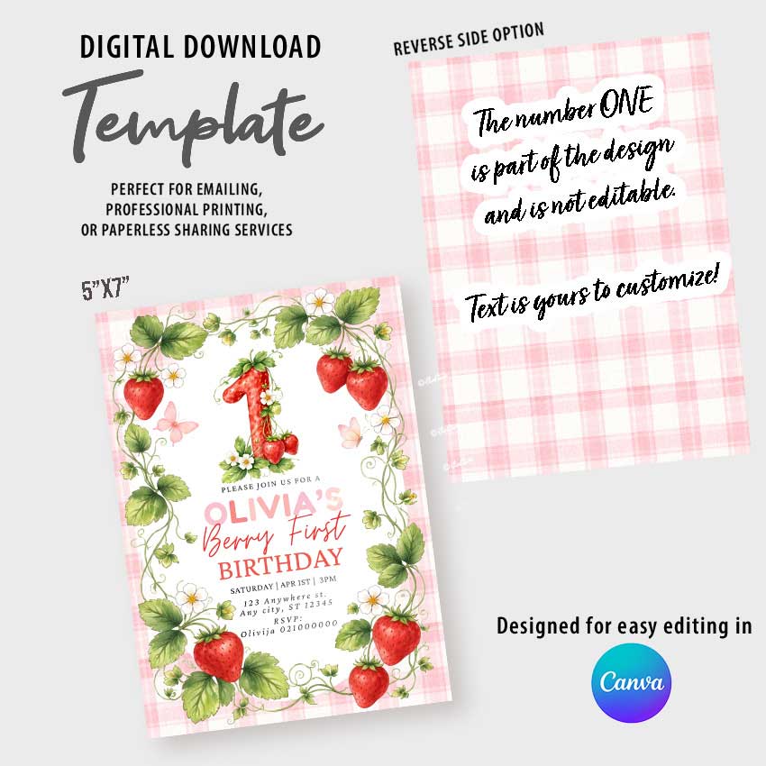 Strawberry First Birthday Invitation Template Canva, Berry First Birthday Girl Invite Editable