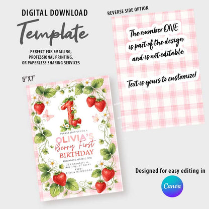 Strawberry First Birthday Invitation Template Canva, Berry First Birthday Girl Invite Editable
