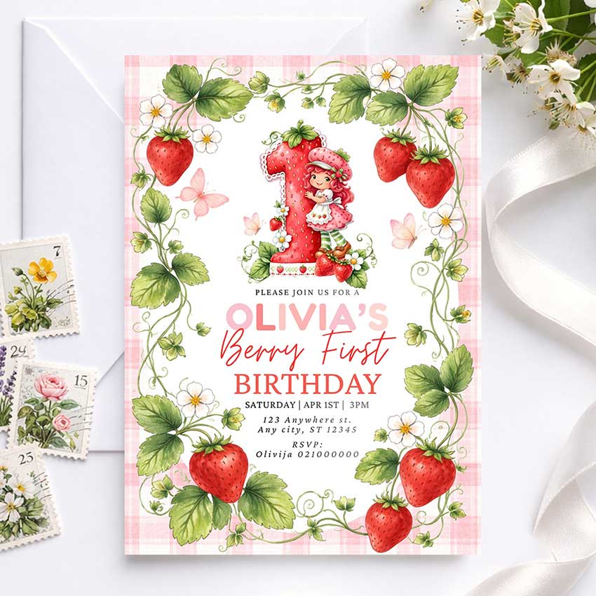 Strawberry first birthday invitation template with pink berries and floral design, berry sweet girl party invite