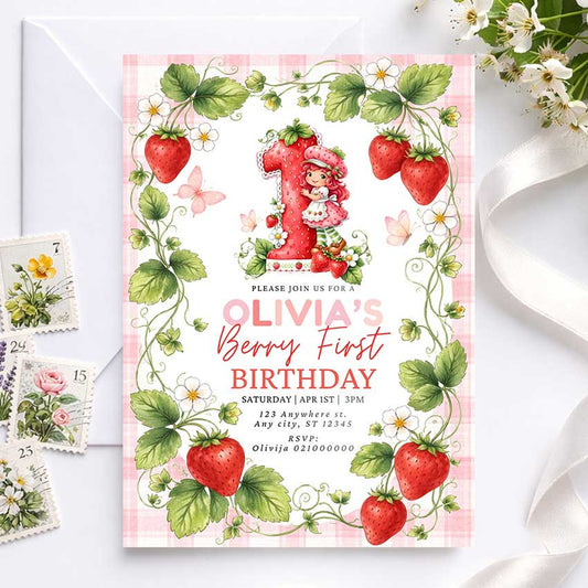 Strawberry first birthday invitation template with pink berries and floral design, berry sweet girl party invite