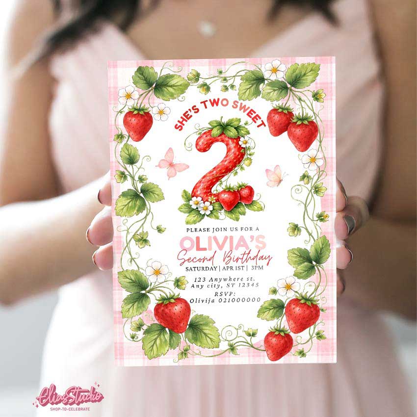 Two sweet strawberry birthday invitation template, 2nd birthday girl party invite