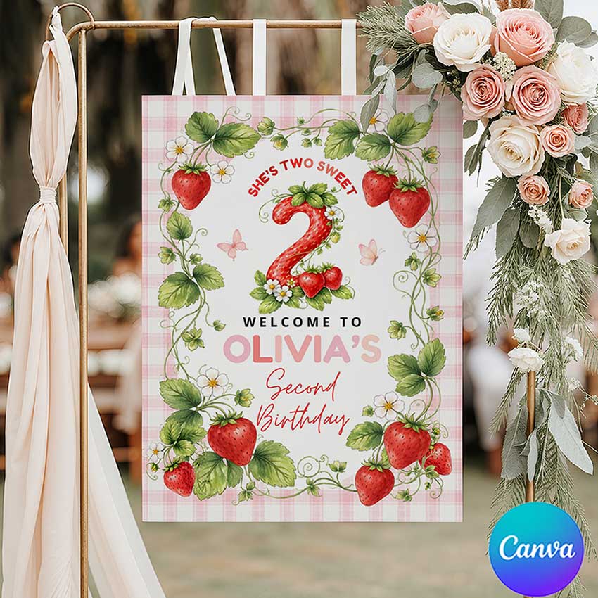 Two sweet strawberry birthday welcome sign template, 2nd birthday girl party decor sign