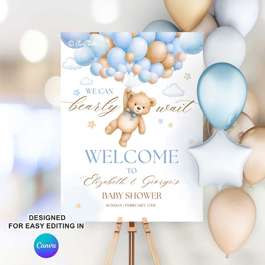 We Can Bearly Wait baby shower welcome sign template with teddy bear and blue balloons, editable Canva poster in multiple sizes for baby boy shower decor