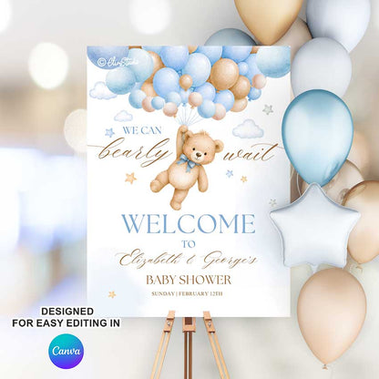 We Can Bearly Wait baby shower welcome sign template with teddy bear and blue balloons, editable Canva poster in multiple sizes for baby boy shower decor