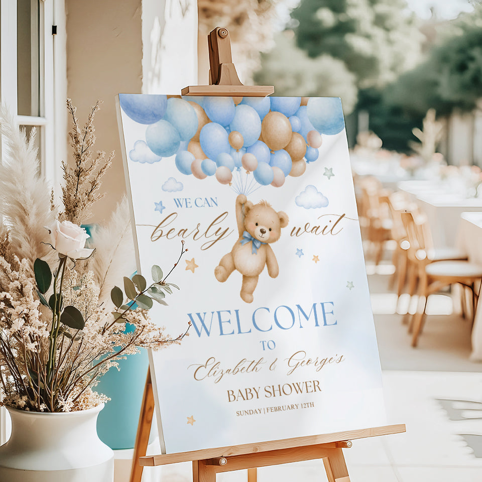 We Can Bearly Wait baby shower welcome sign template with teddy bear and blue balloons, editable Canva poster in multiple sizes for baby boy shower decor