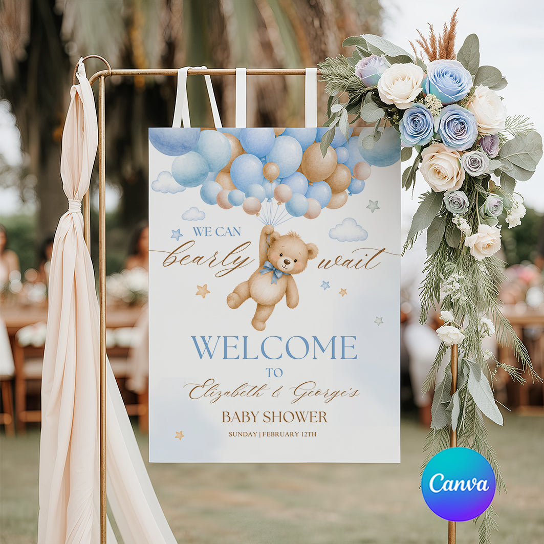 We Can Bearly Wait baby shower welcome sign template with teddy bear and blue balloons, editable Canva poster in multiple sizes for baby boy shower decor