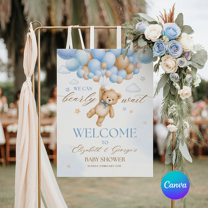 We Can Bearly Wait baby shower welcome sign template with teddy bear and blue balloons, editable Canva poster in multiple sizes for baby boy shower decor
