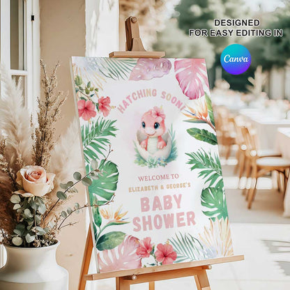 Girl Dinosaur Baby Shower Welcome Sign – CANVA TEMPLATE | INSTANT DIGITAL DOWNLOAD