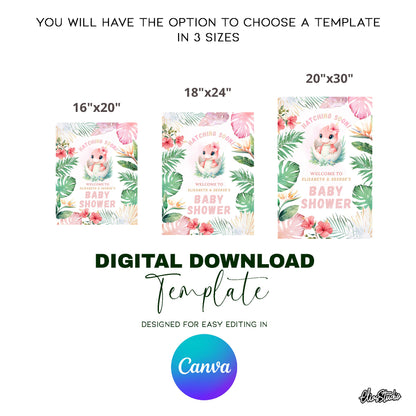 Girl Dinosaur Baby Shower Welcome Sign – CANVA TEMPLATE | INSTANT DIGITAL DOWNLOAD
