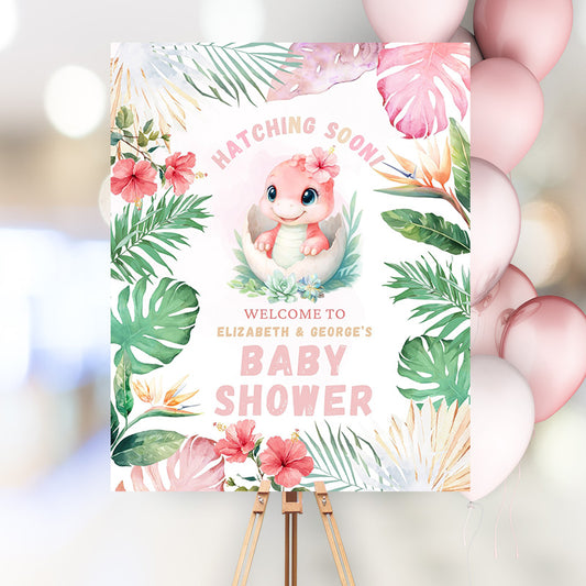 Girl Dinosaur Baby Shower Welcome Sign – CANVA TEMPLATE | INSTANT DIGITAL DOWNLOAD